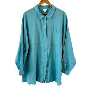 J. Jill Linen Button Up Tunic Top Womens Size XL Blue Relaxed Shirt Lagenlook